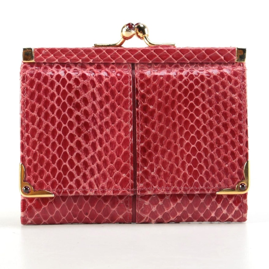Judith Leiber Red Snakeskin Compact Kiss Lock Wallet, Late 20th Century