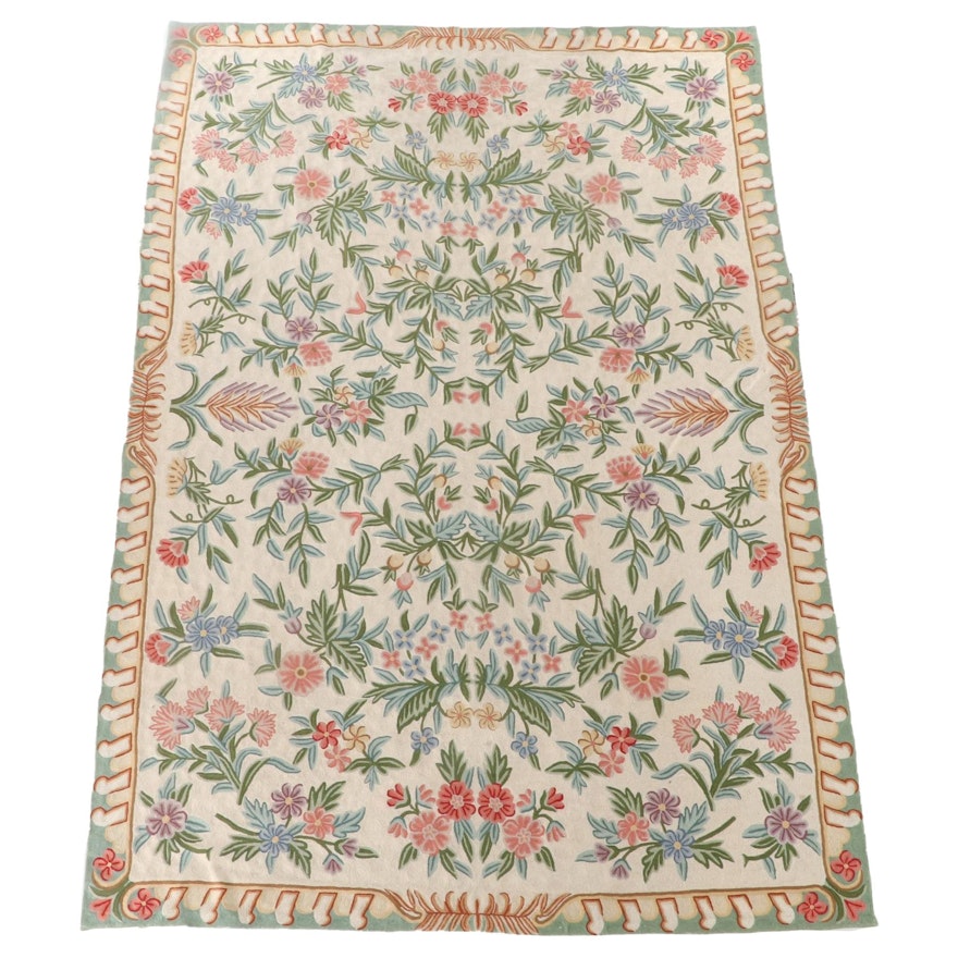 5'11 x 8'10 Hand-Embroidered Indian Kashmiri Chain Stitch Floral Area Rug