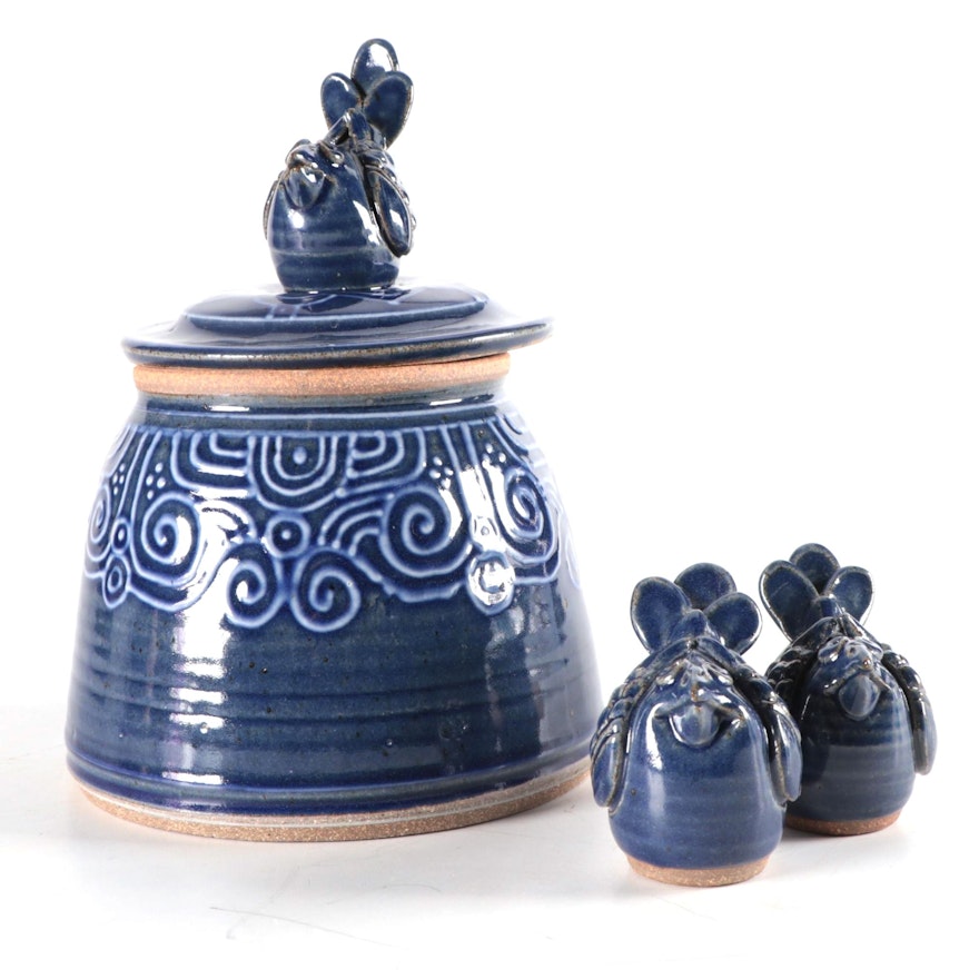 Glazed Stoneware Cookie Jar with Bird Finial with Salt and Pepper Shakers