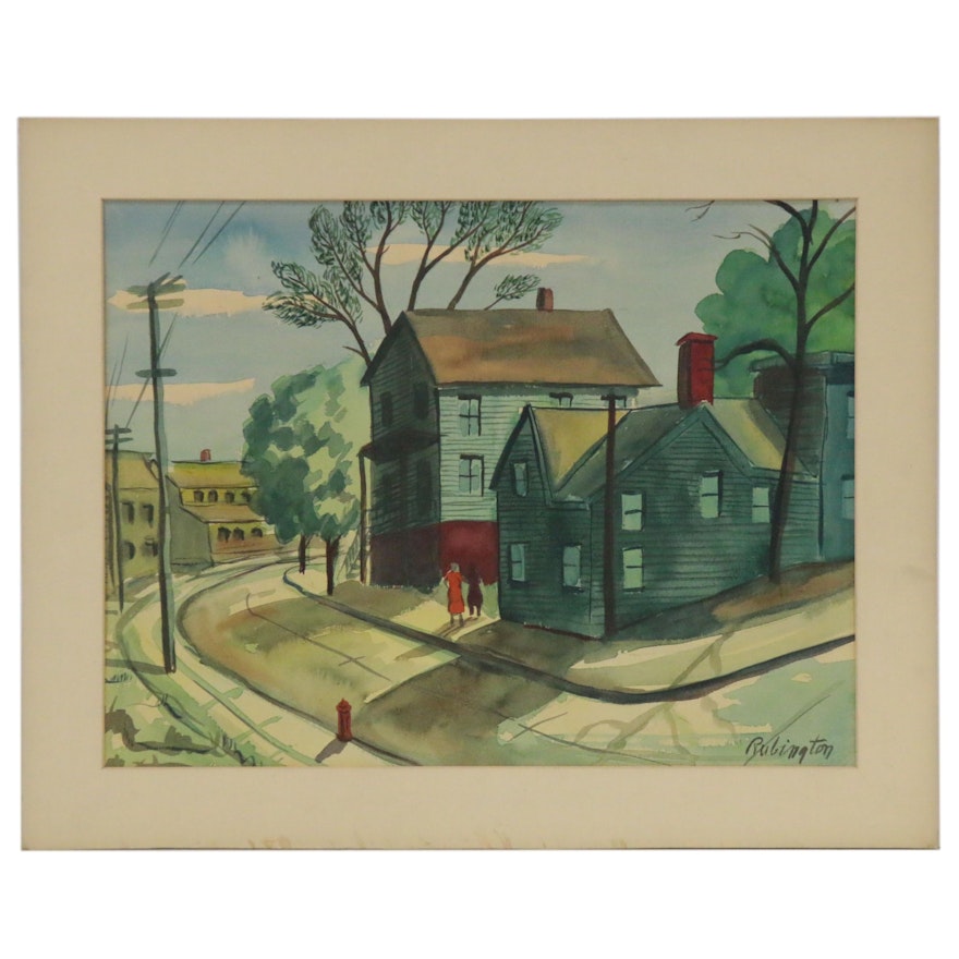 Watercolor Painting of Neighborhood Street Scene, Late 20th century