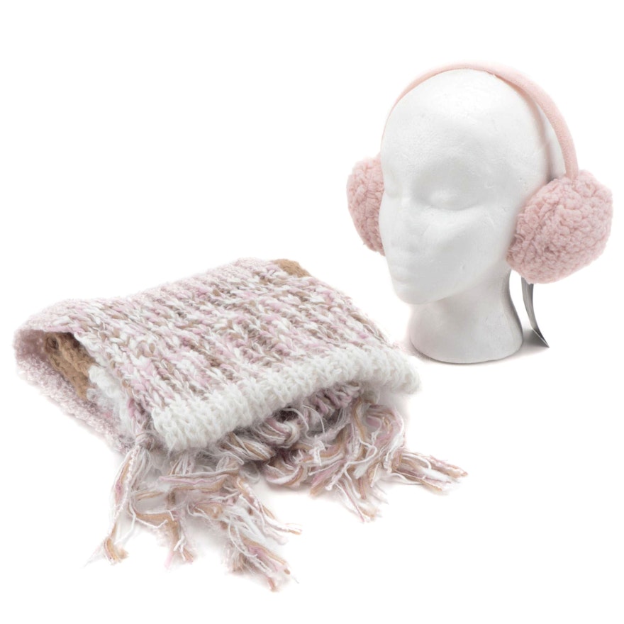 INC Pink Faux Fur Earmuffs and Multi-Color Knit Scarf