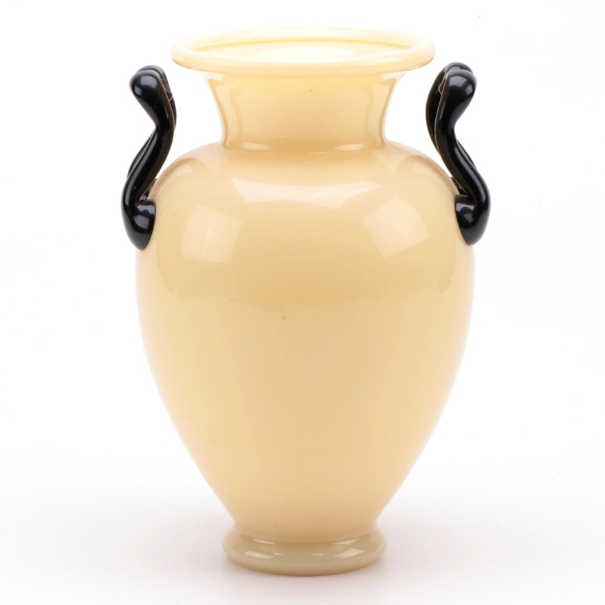 Steuben Art Glass Ivory and Black Handled Vase, Early 20th Century