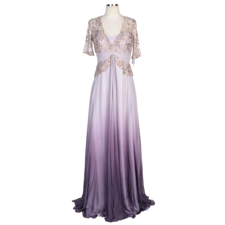 Alberto Makali Lavender Ombré Silk Blend Gown with Metallic Lace Beaded Overlay