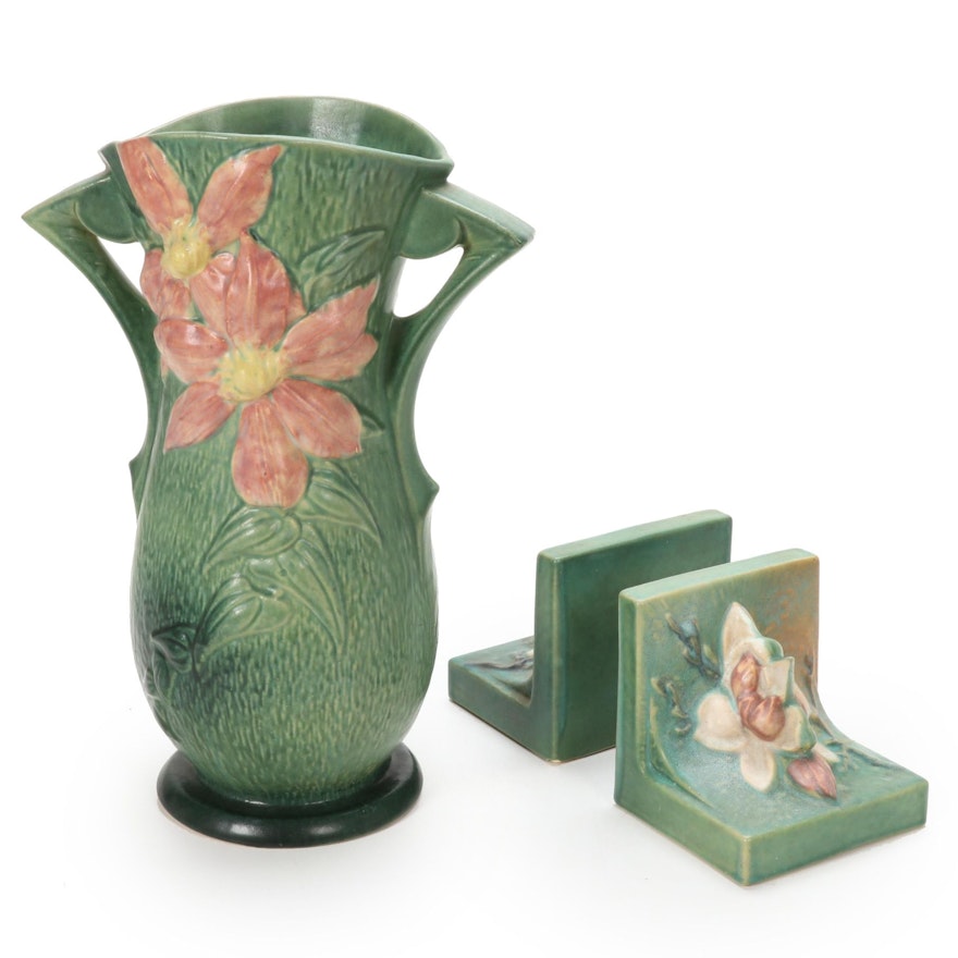 Roseville Pottery "Clematis" Handled Vase and Bookends, 1940s