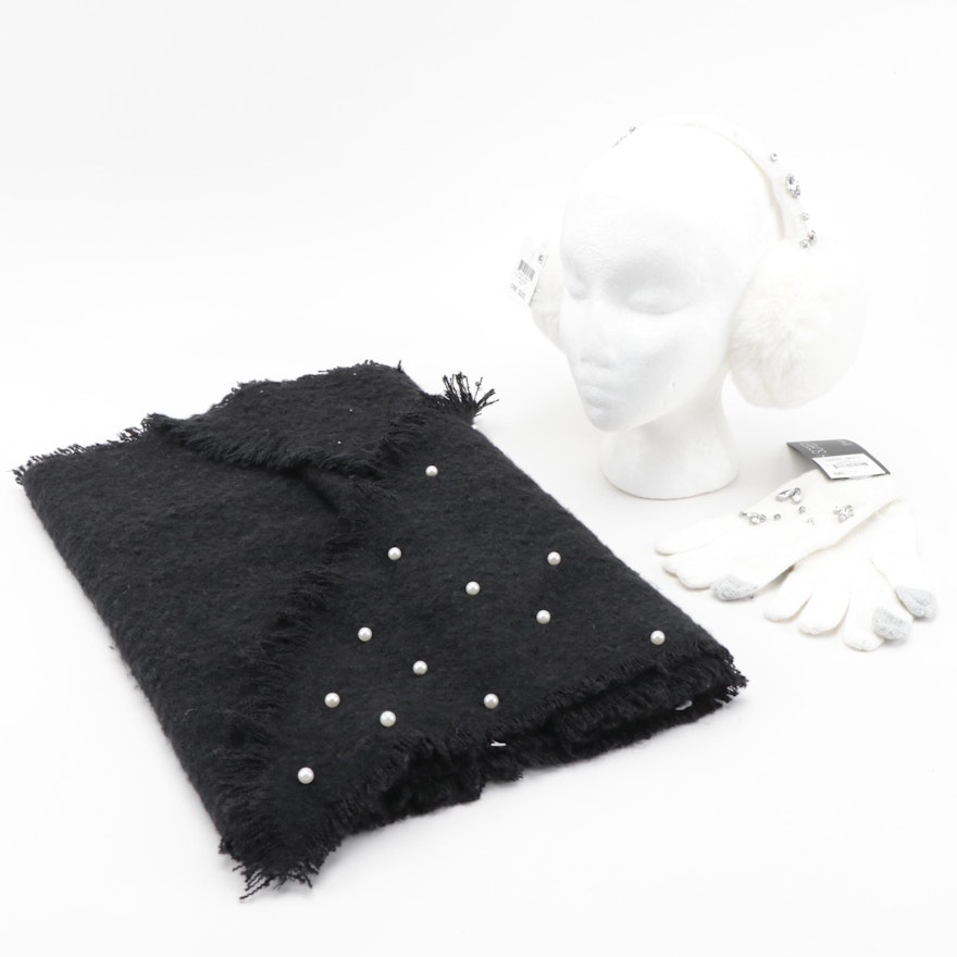 INC International Concepts Embellished Earmuffs and Gloves Set with Black Scarf