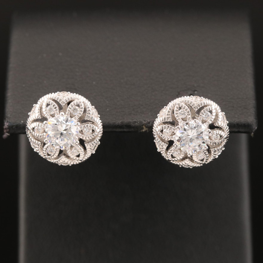 Sterling Cubic Zirconia Flower Pattern Stud Earrings