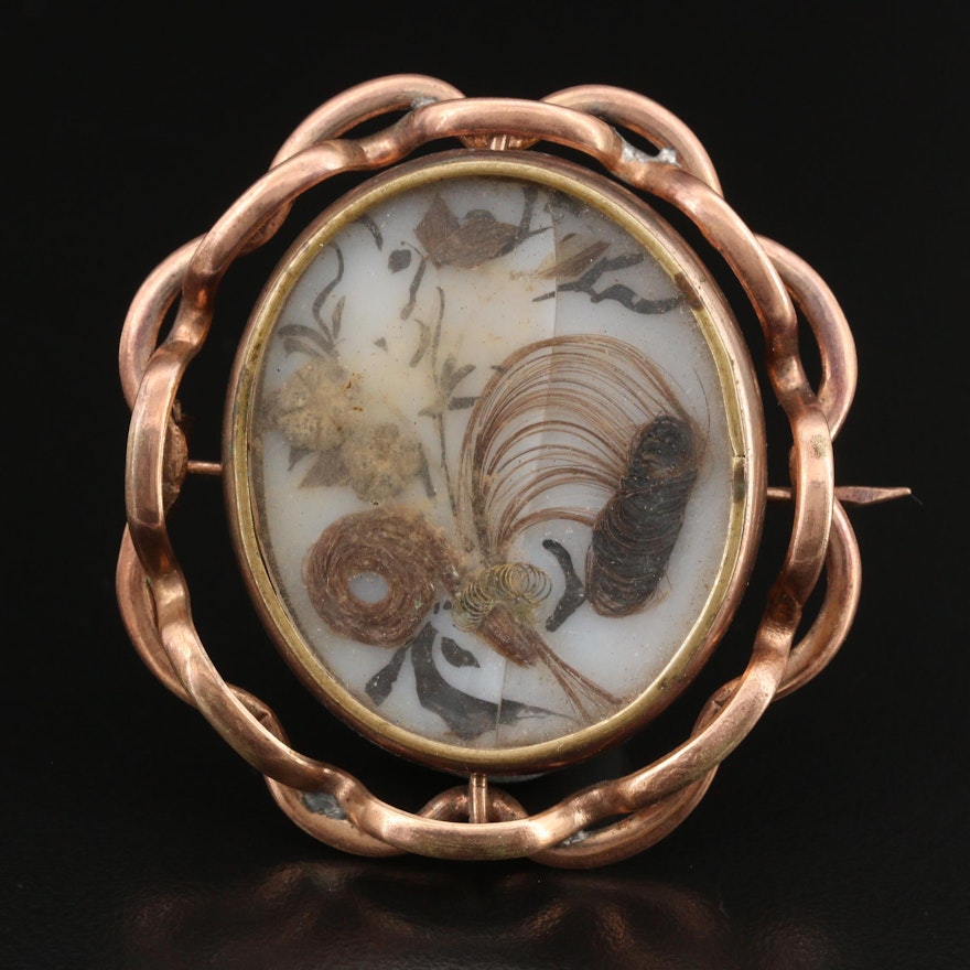 Early Victorian Reversible Mourning Brooch with Hairwork and Photograph