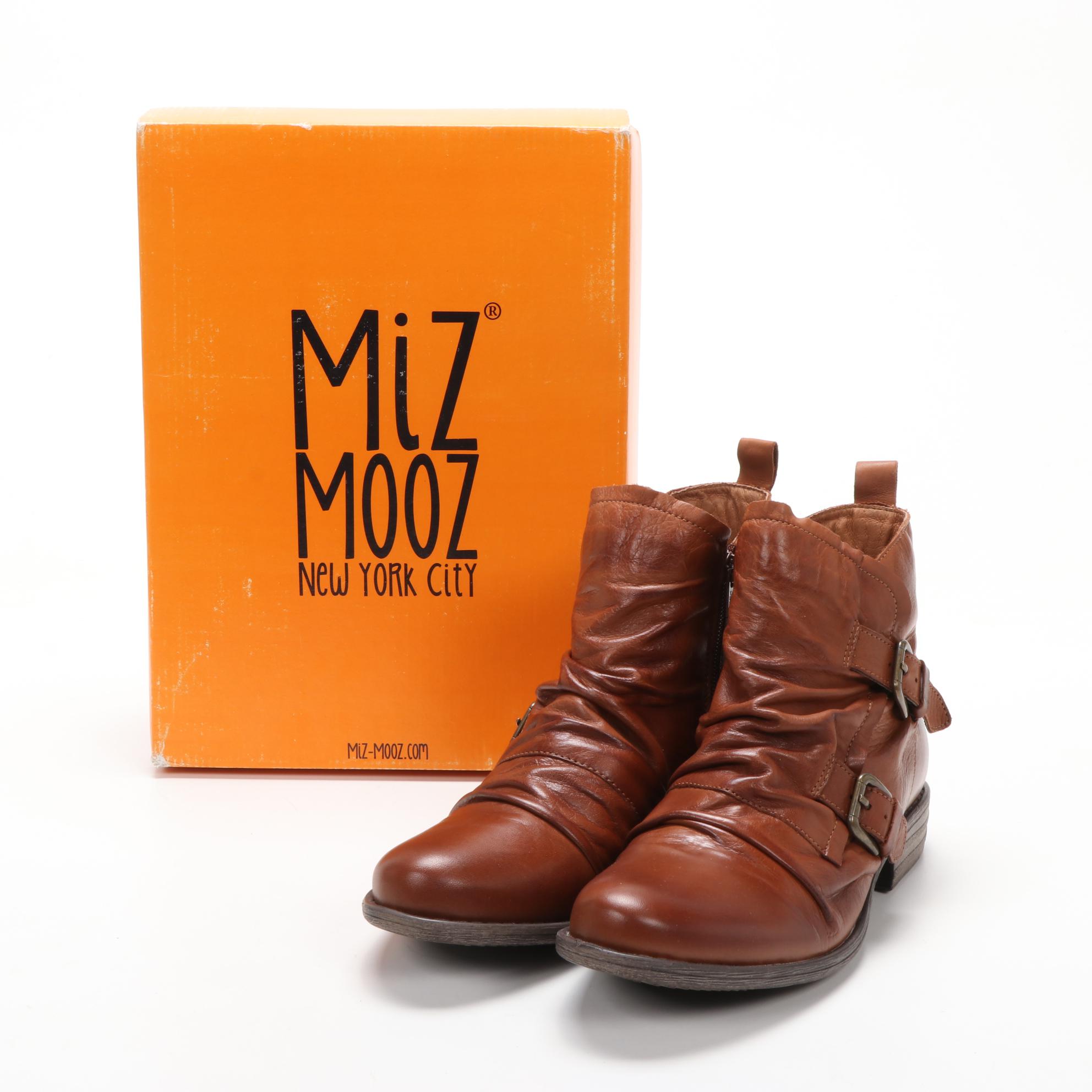 Miz Mooz Leslie Buckle Strap Ankle Boots in Brandy Leather