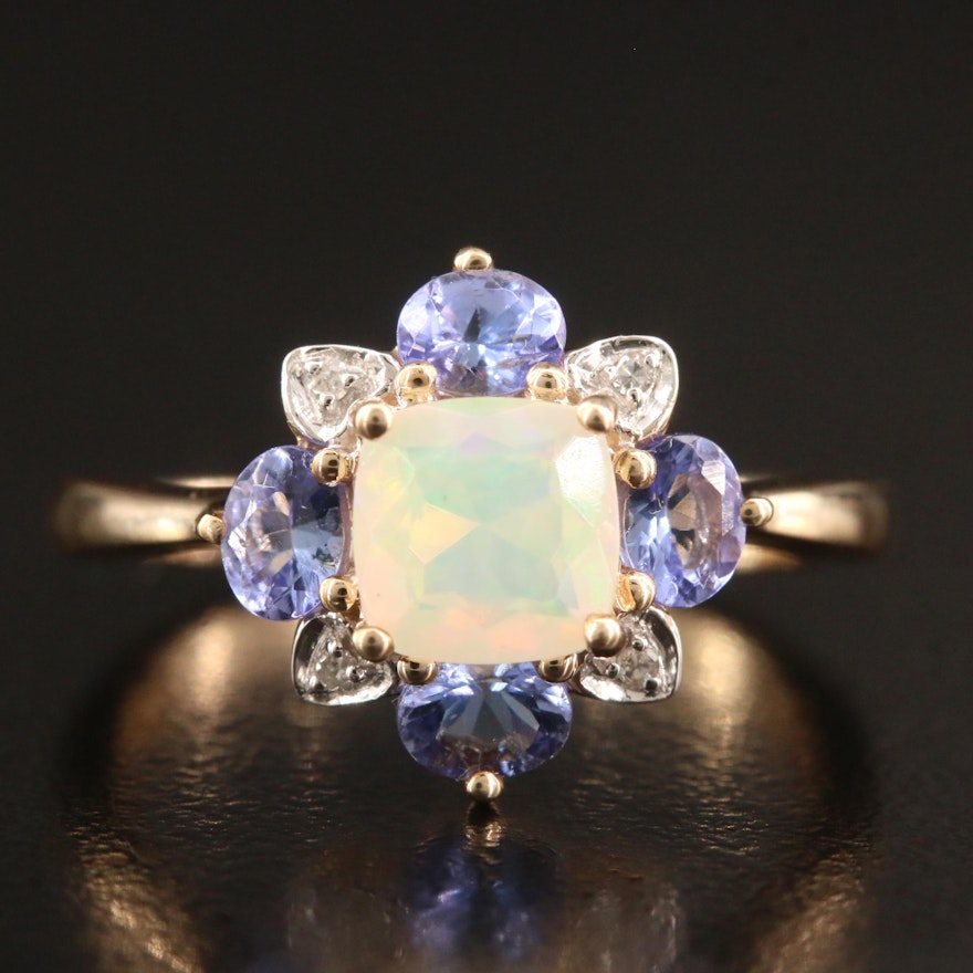 10K Opal, Tanzanite and Diamond Ring