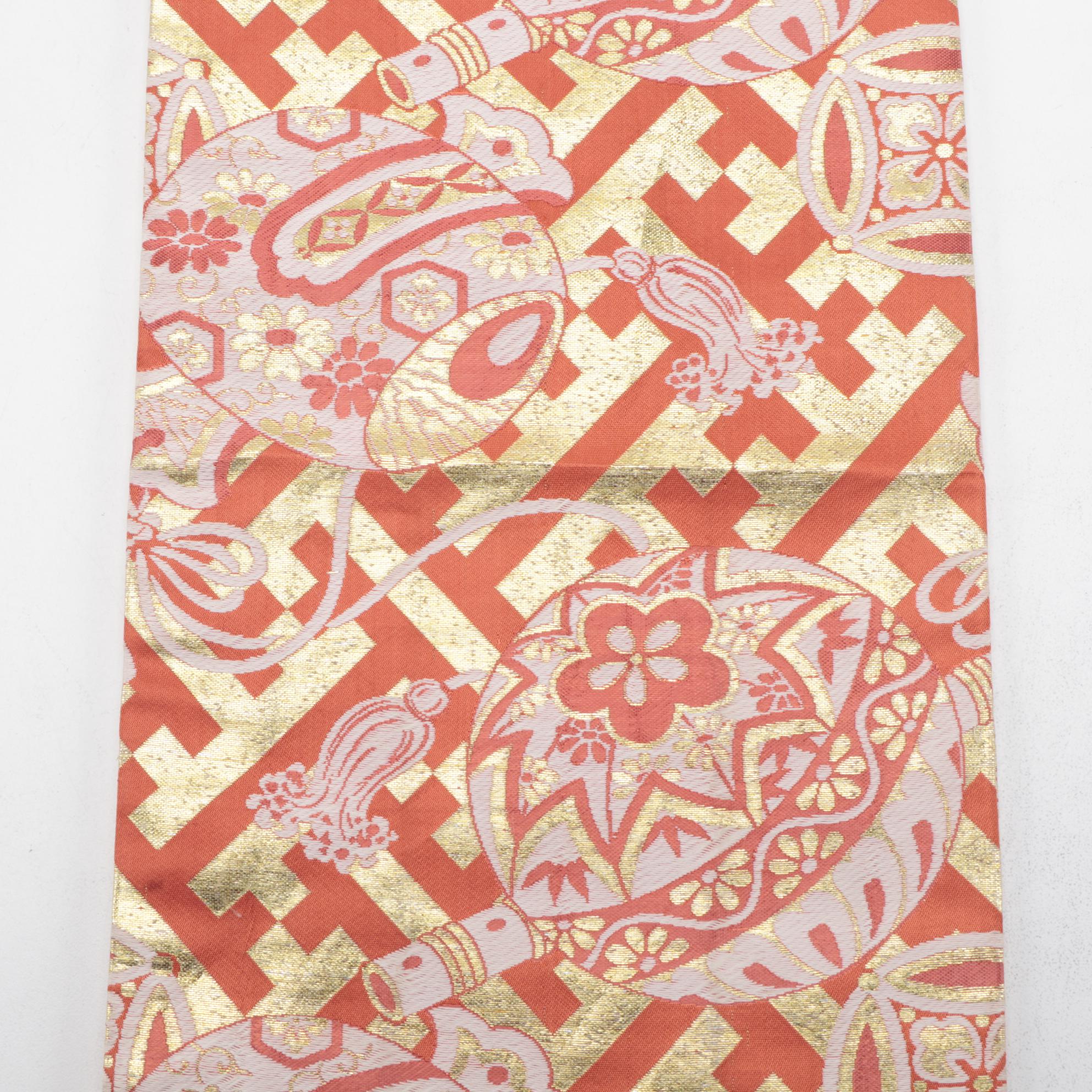 Sayagata, Kusudama and Taiko Metallic and Orange Narrow Width Maru Obi