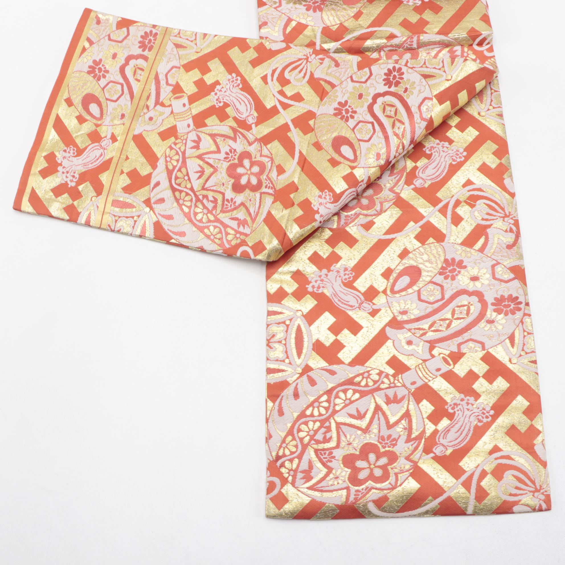 Sayagata, Kusudama and Taiko Metallic and Orange Narrow Width Maru Obi