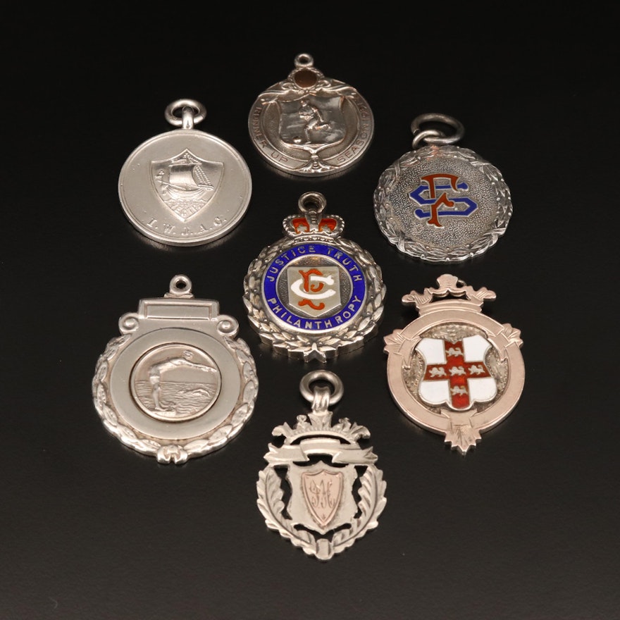 Antique and Vintage Commemorative Medals Pendants with Enamel Accents