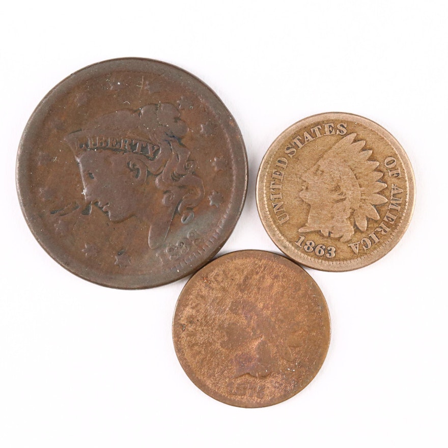Two Indian Head Cents and a Large Cent