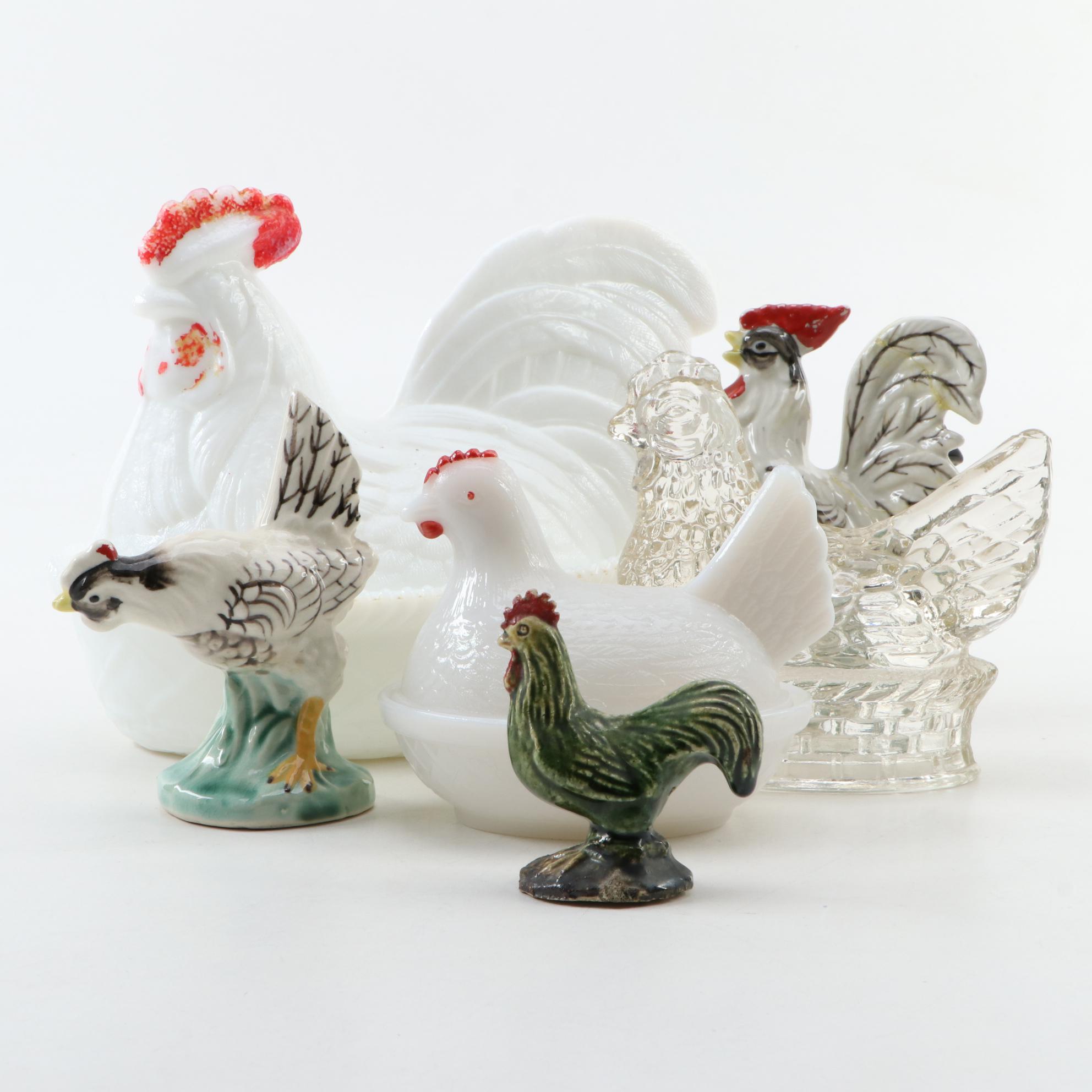 Kemple "Hen on Basket" Milk Glass Dish and Other Figurines
