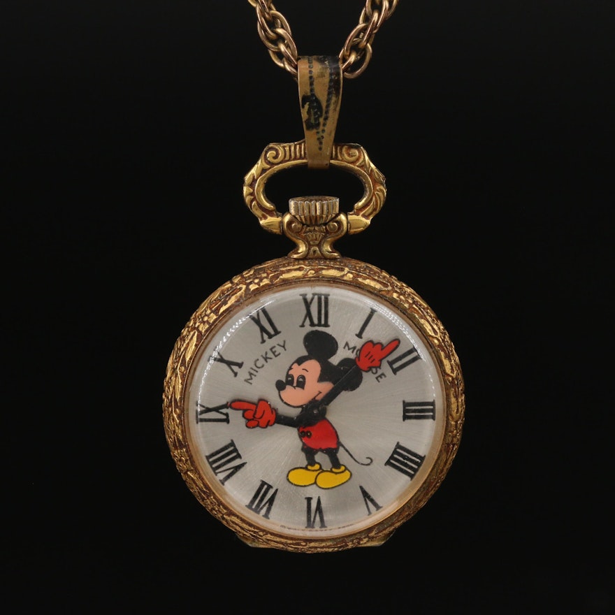 Elgin Mickey Mouse Pendant Watch on Gold Filled Chain