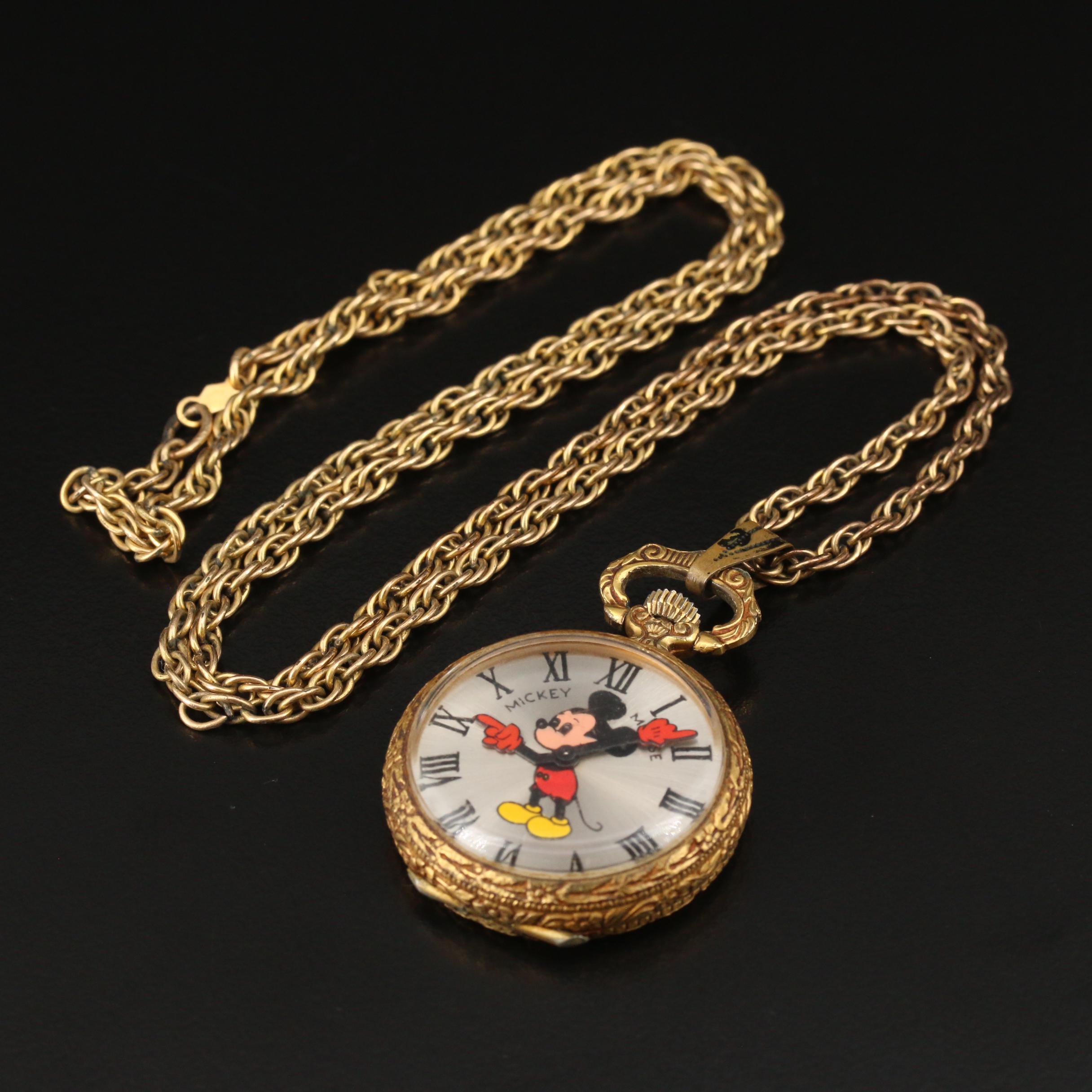 Elgin Mickey Mouse Pendant Watch on Gold Filled Chain