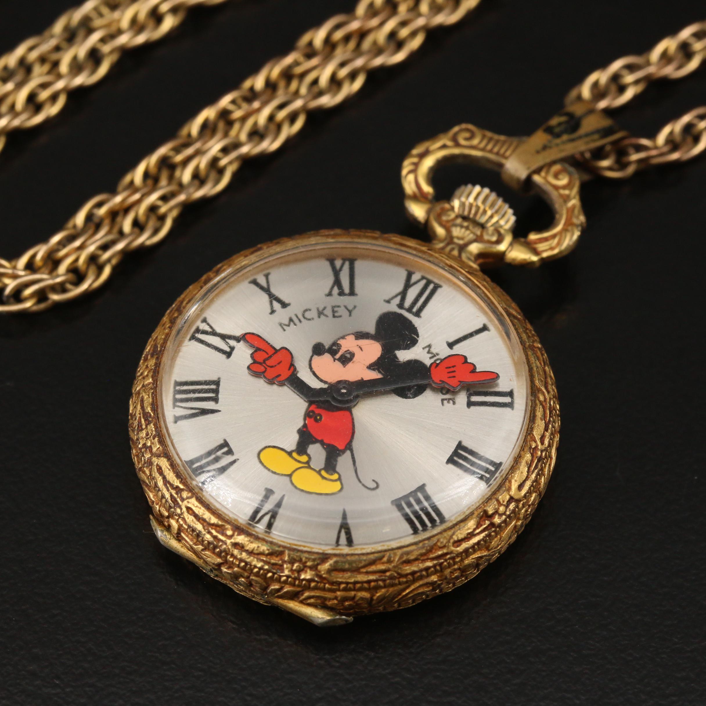 Elgin Mickey Mouse Pendant Watch on Gold Filled Chain