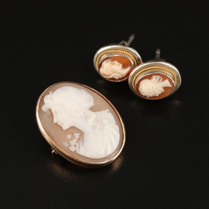 10K and 800 Silver Helmet Shell Cameo Brooch and Earrings