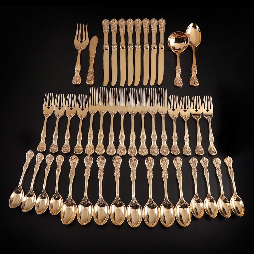 F.B. Rogers "French Rose" Gold Plate Flatware and Serving Utensils with Chest
