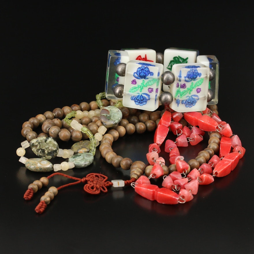 Vintage Jewelry Selection Featuring a Mala and a Lucite Mahjong Tile Bracelet