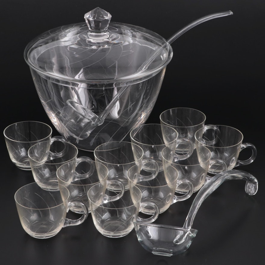 Etched Glass Lidded Punch Bowl with Glass Ladles and Cups