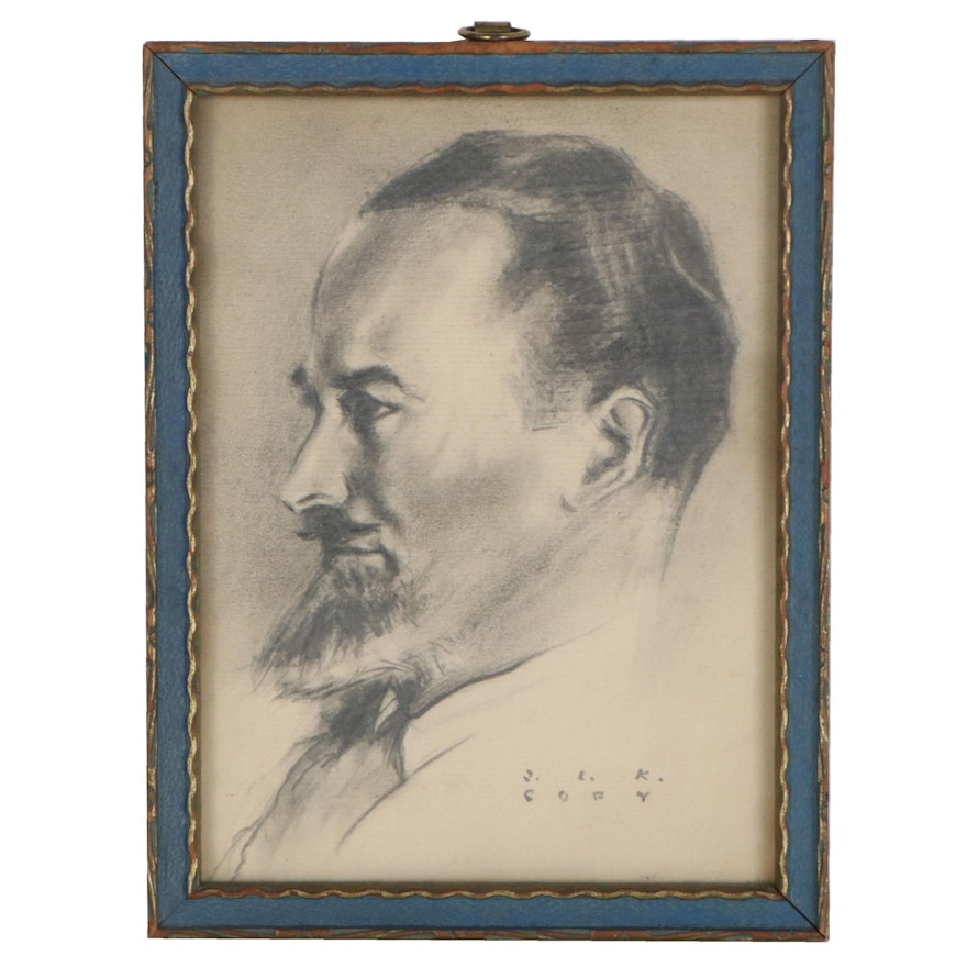 Graphite Portrait Drawing of Bearded Man, Early 20th Century