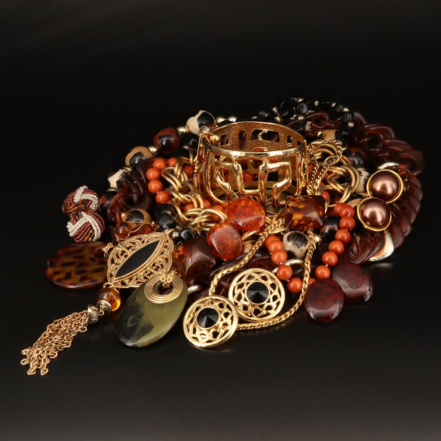 Bracelet, Necklaces and Clip Earrings Including Glass Faux Tortoise Shell