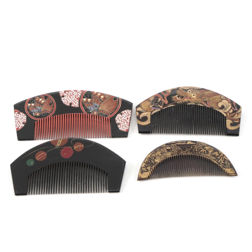 Japanese Urushi Hair Combs Including Abalone Inlays, Dragon and Foliate Motifs