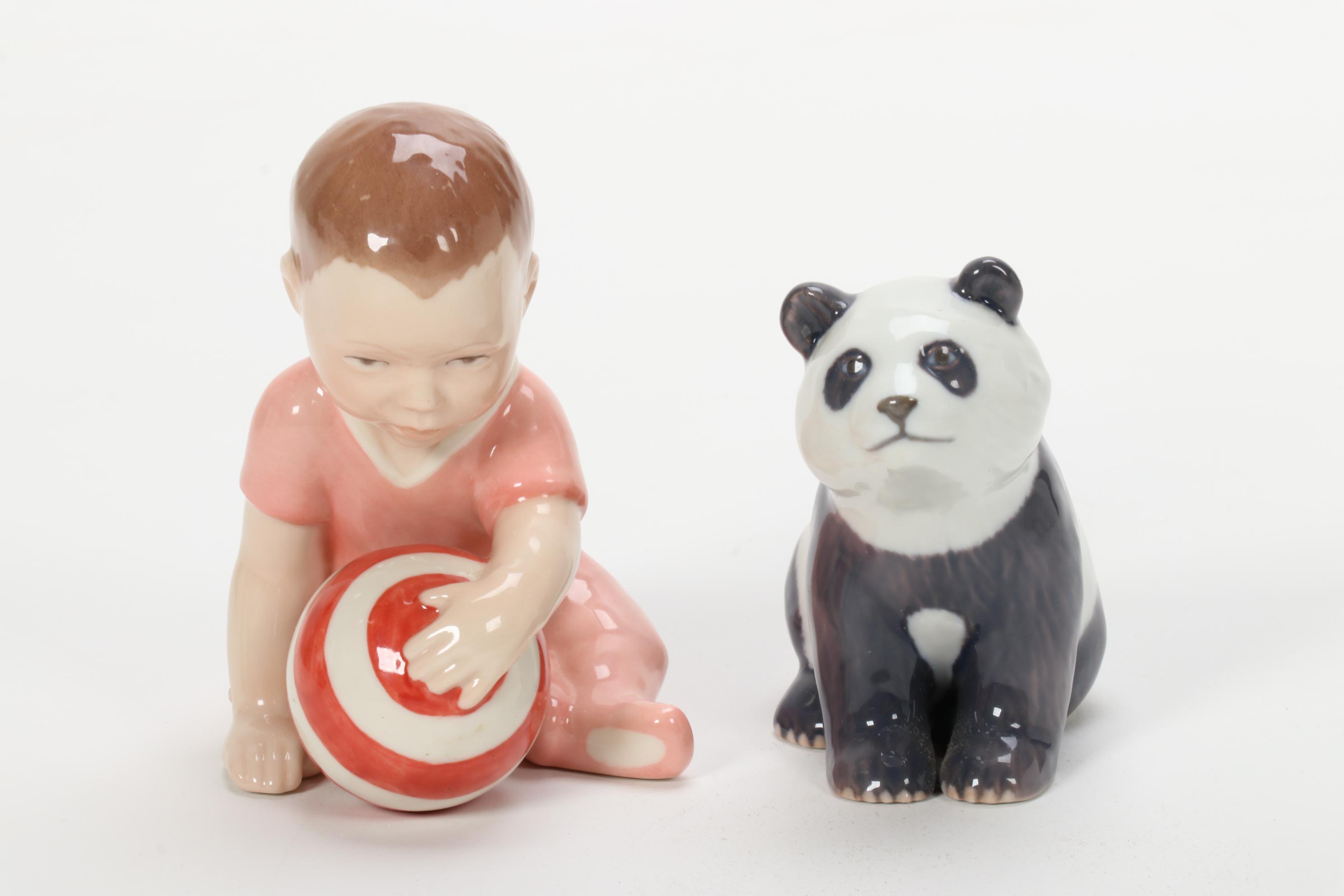 Royal Copenhagen Panda and Child with Ball Porcelain Figurines