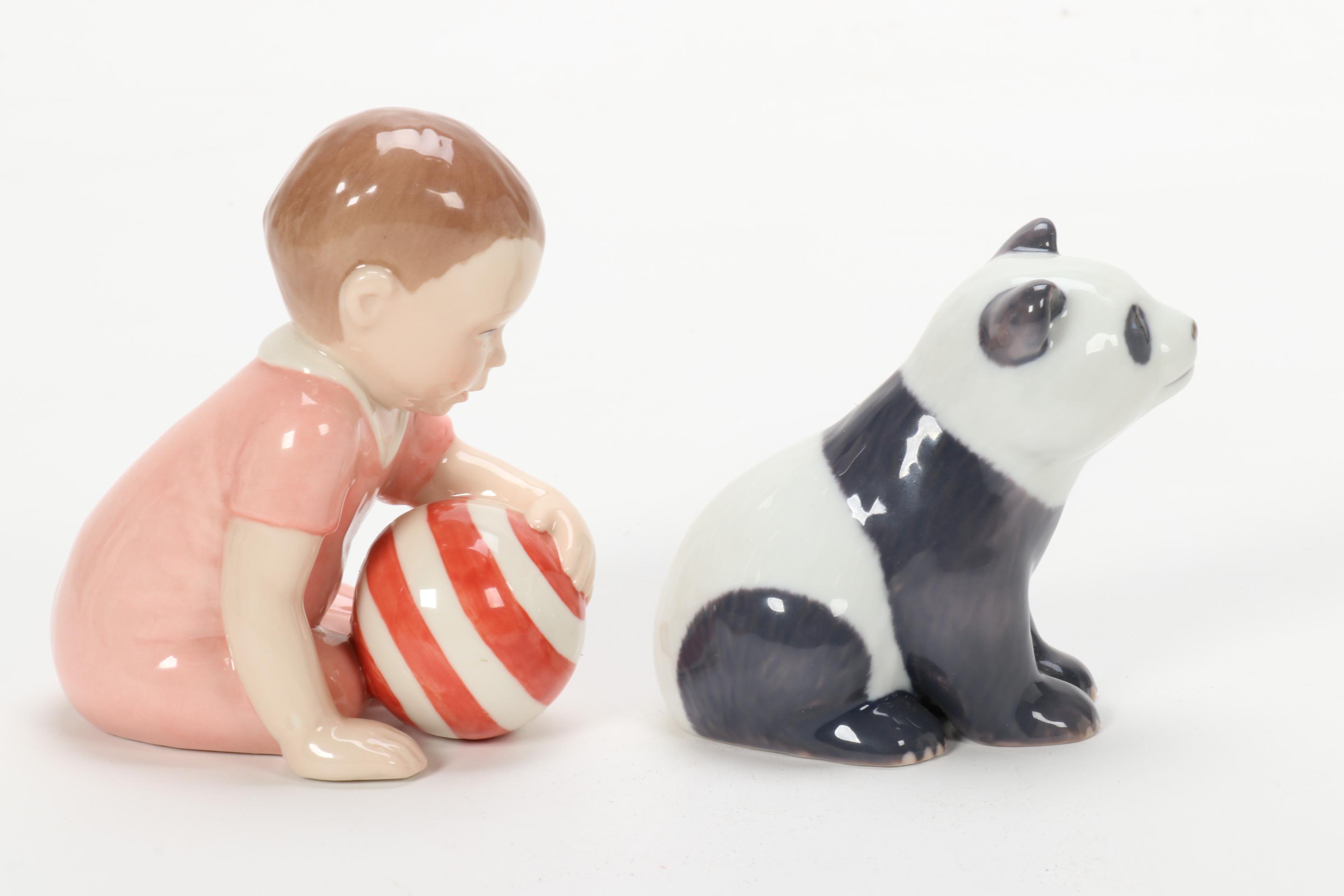 Royal Copenhagen Panda and Child with Ball Porcelain Figurines