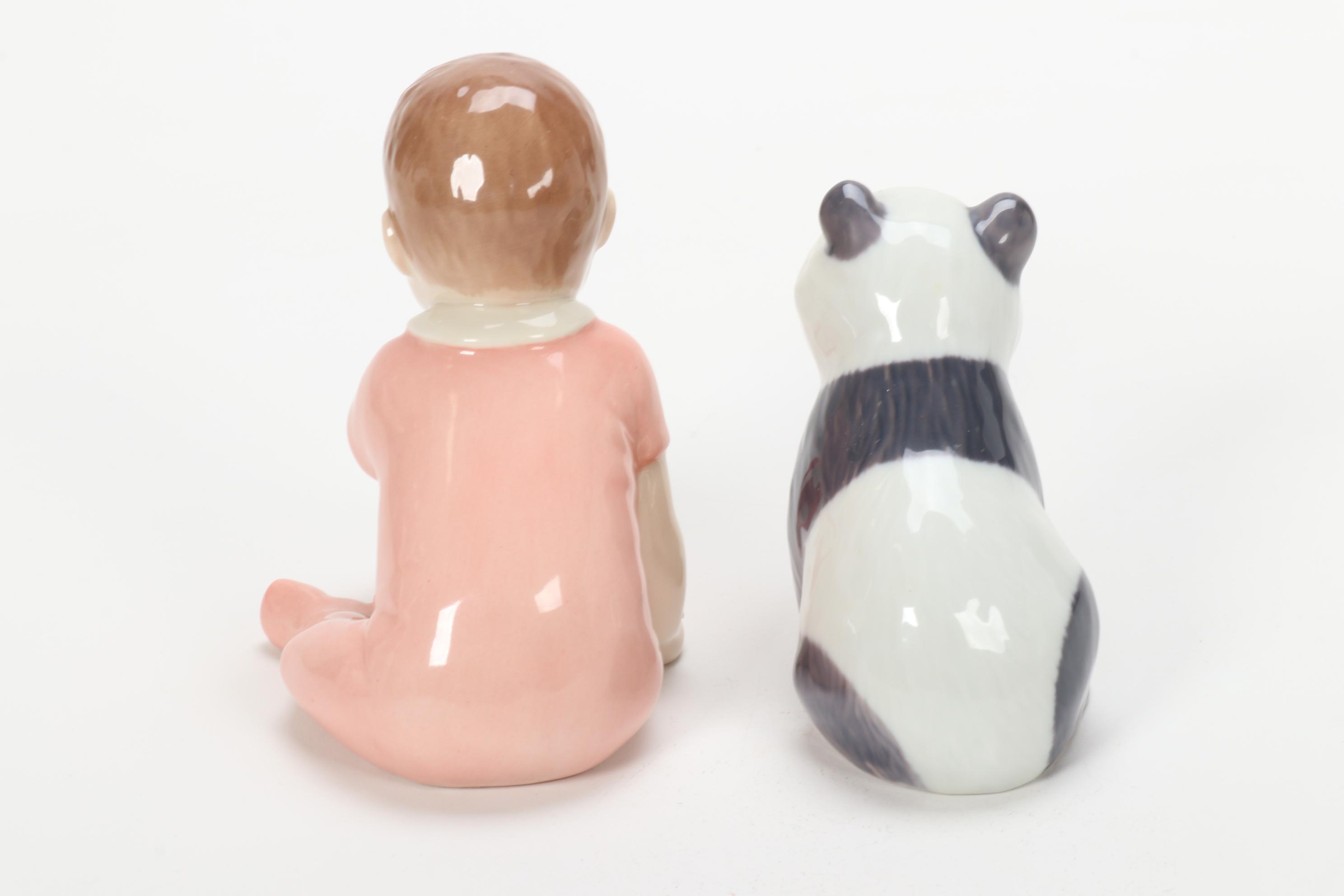 Royal Copenhagen Panda and Child with Ball Porcelain Figurines