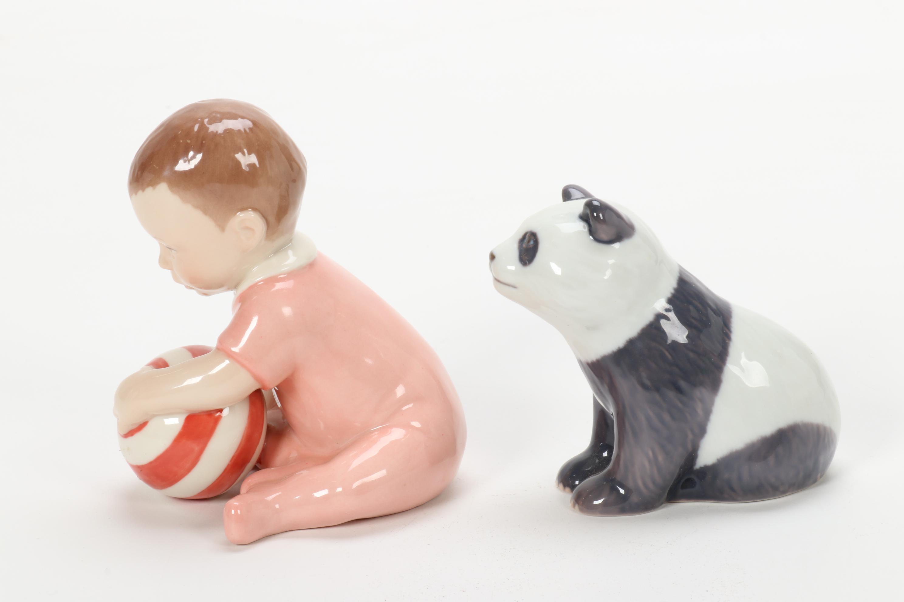 Royal Copenhagen Panda and Child with Ball Porcelain Figurines