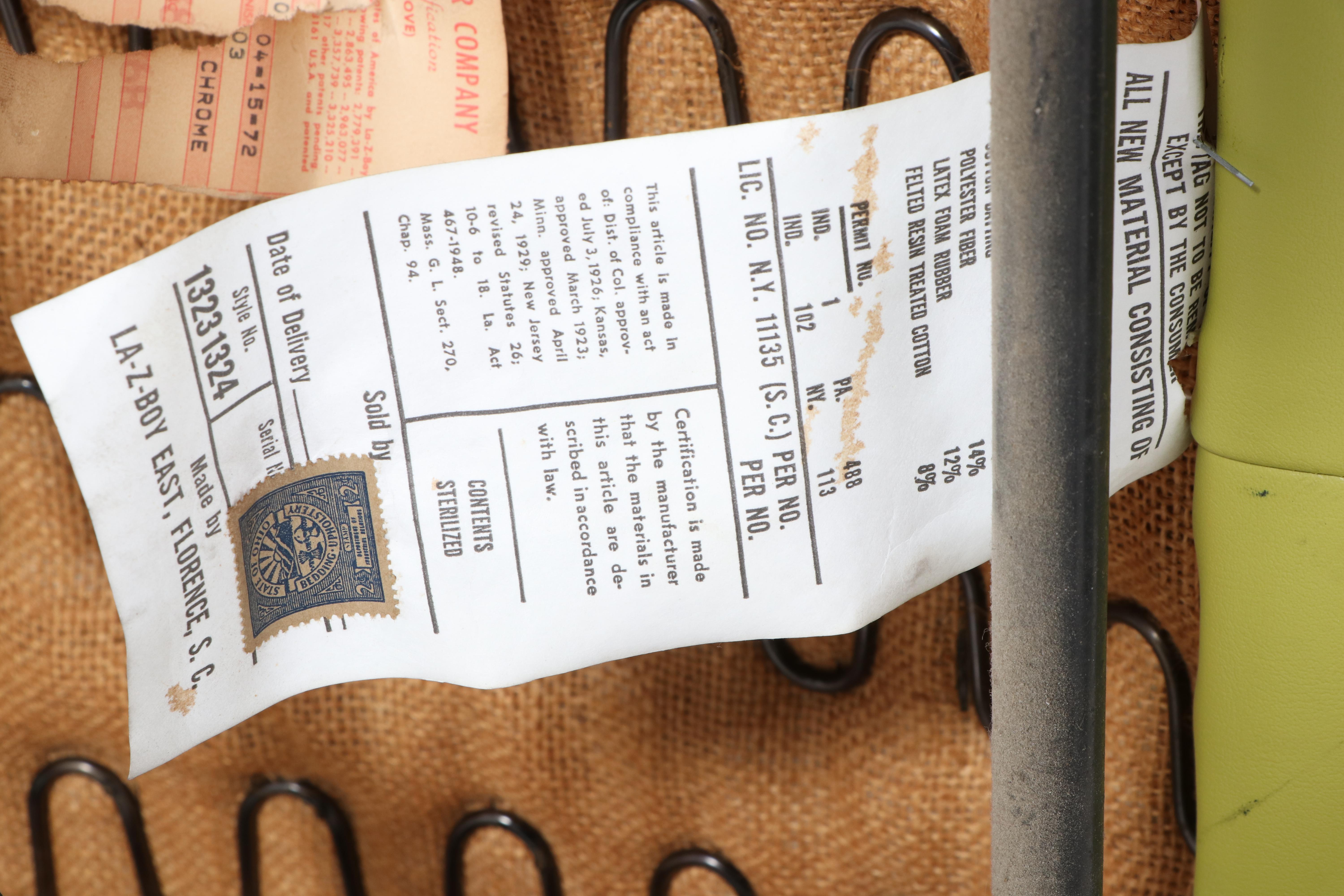 La-Z-Boy Modernist Button-Tufted Green Vinyl and Chrome Recliner, circa 1972