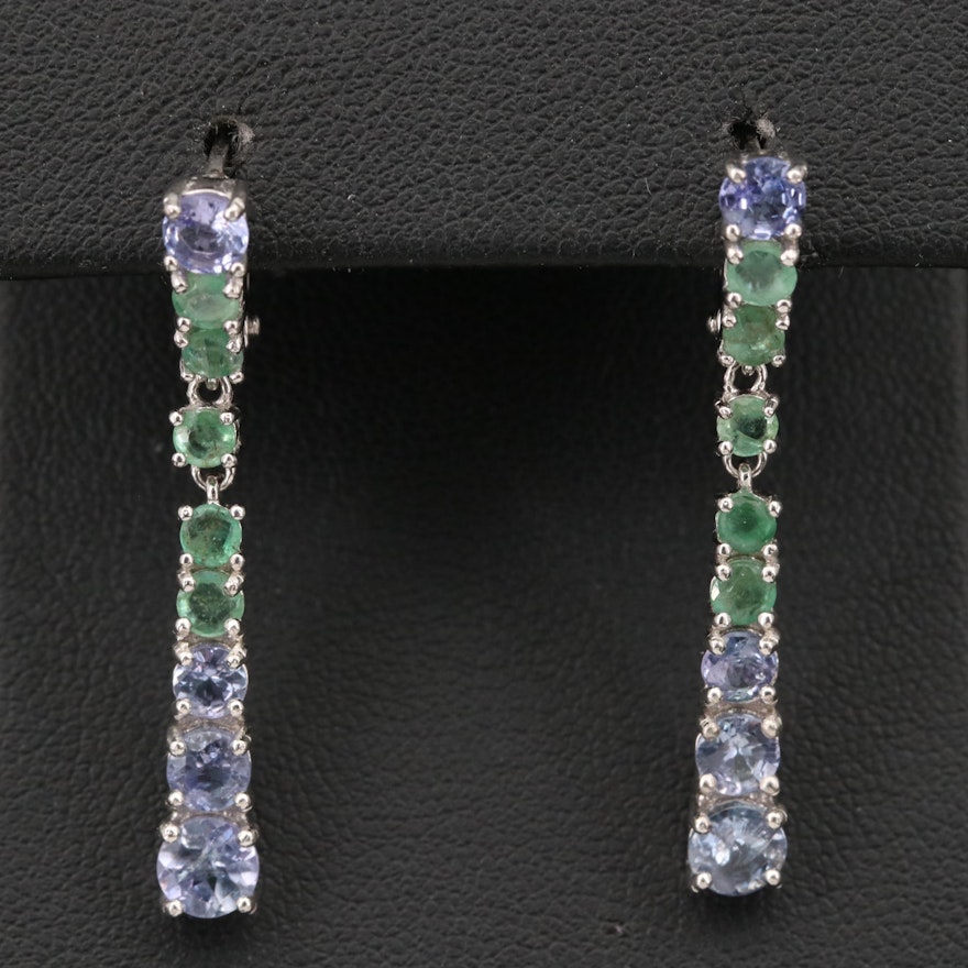 Sterling Silver Tanzanite and Emerald Graduated Drop Earrings