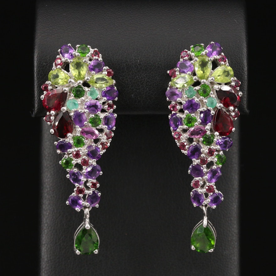 Sterling Chrome Diopside, Garnet, Amethyst and Peridot Drop Earrings