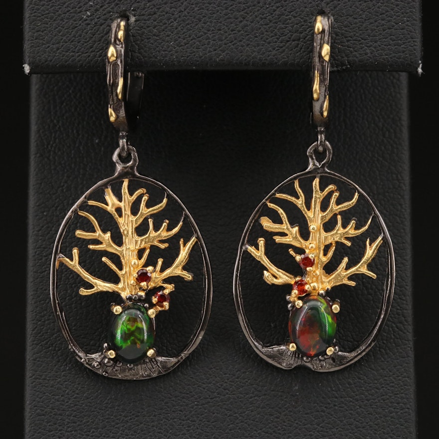 Sterling Opal and Garnet Tree Earrings