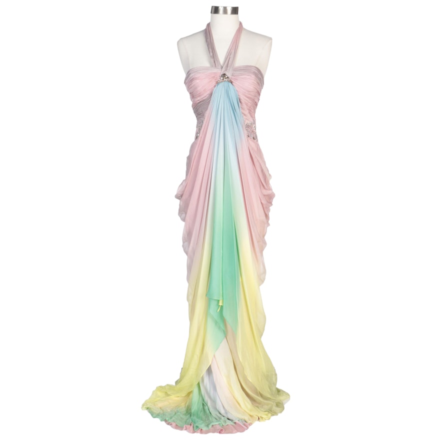 Alberto Makali Embellished Draped Silk Pastel Ombré Halter Gown with Wraps