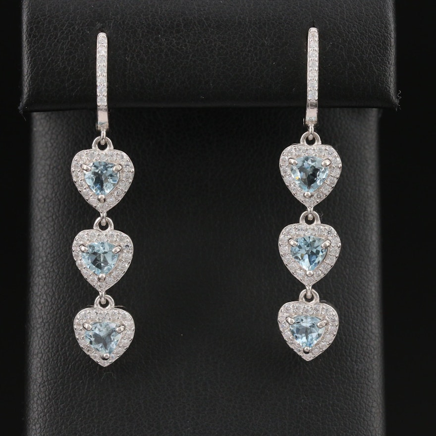 Sterling Silver Aquamarine and Cubic Zirconia Triple Heart Dangle Earrings