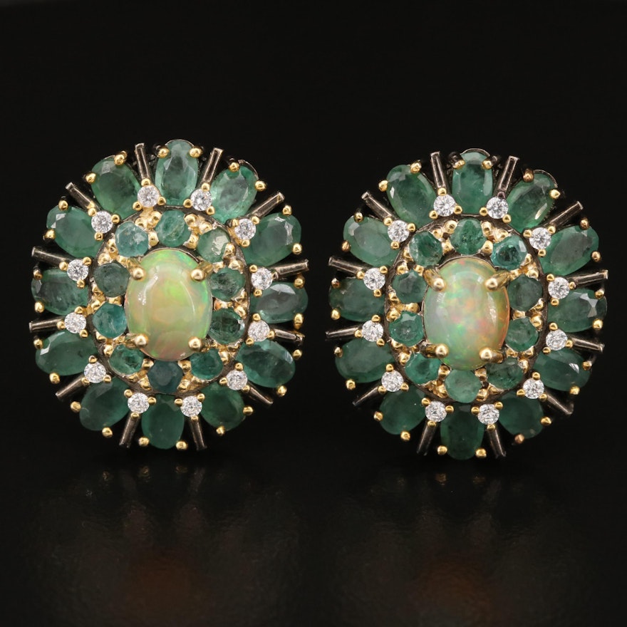 Sterling Opal, Emerald and Cubic Zirconia Button Earrings