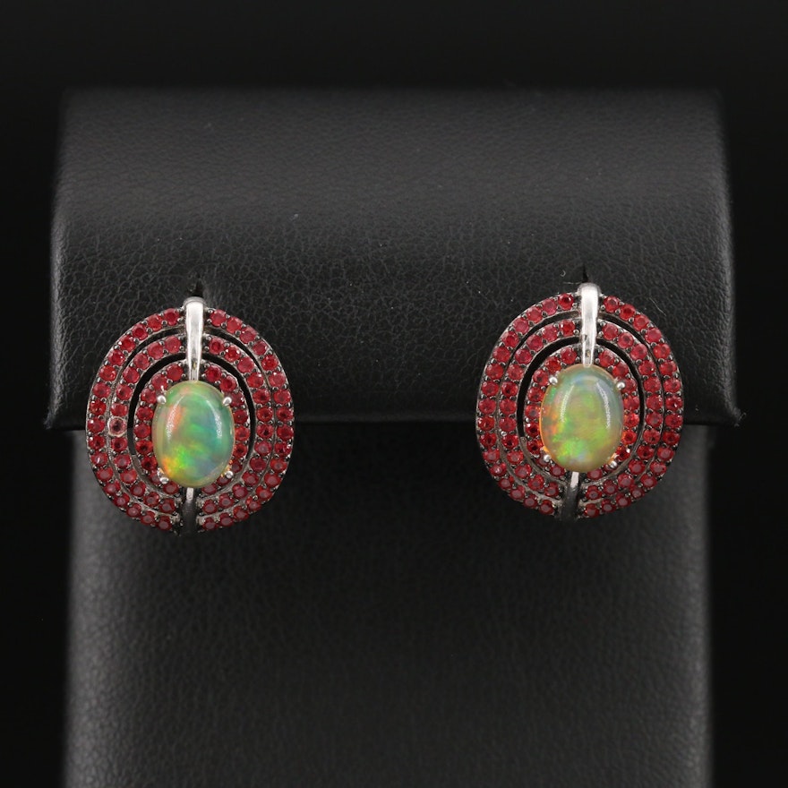 Sterling Opal and Ruby Triple Row Earrings