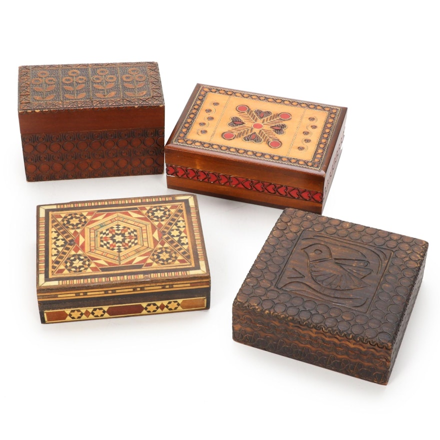 Marquetry Inlaid and Polish Carved Pyrography  Wooden Boxes