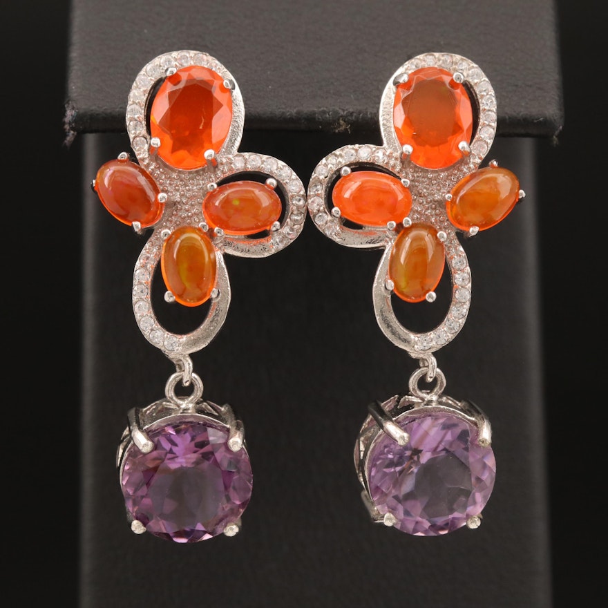 Sterling Amethyst, Opal and Cubic Zirconia Earrings