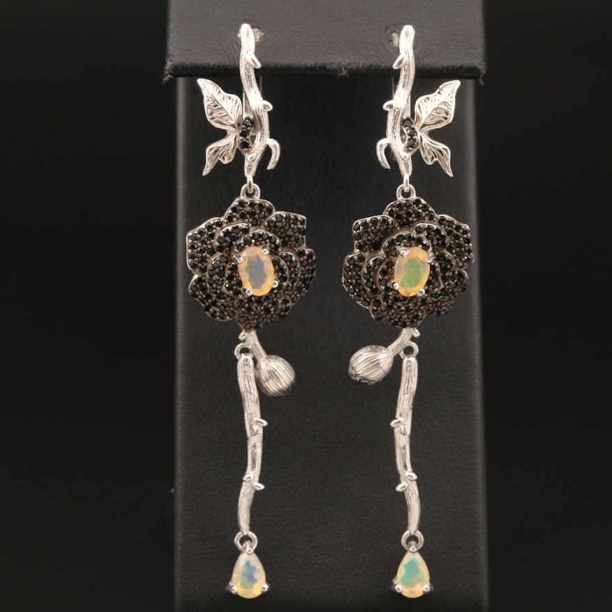 Sterling Opal and Spinel Flower and Branch Earrings