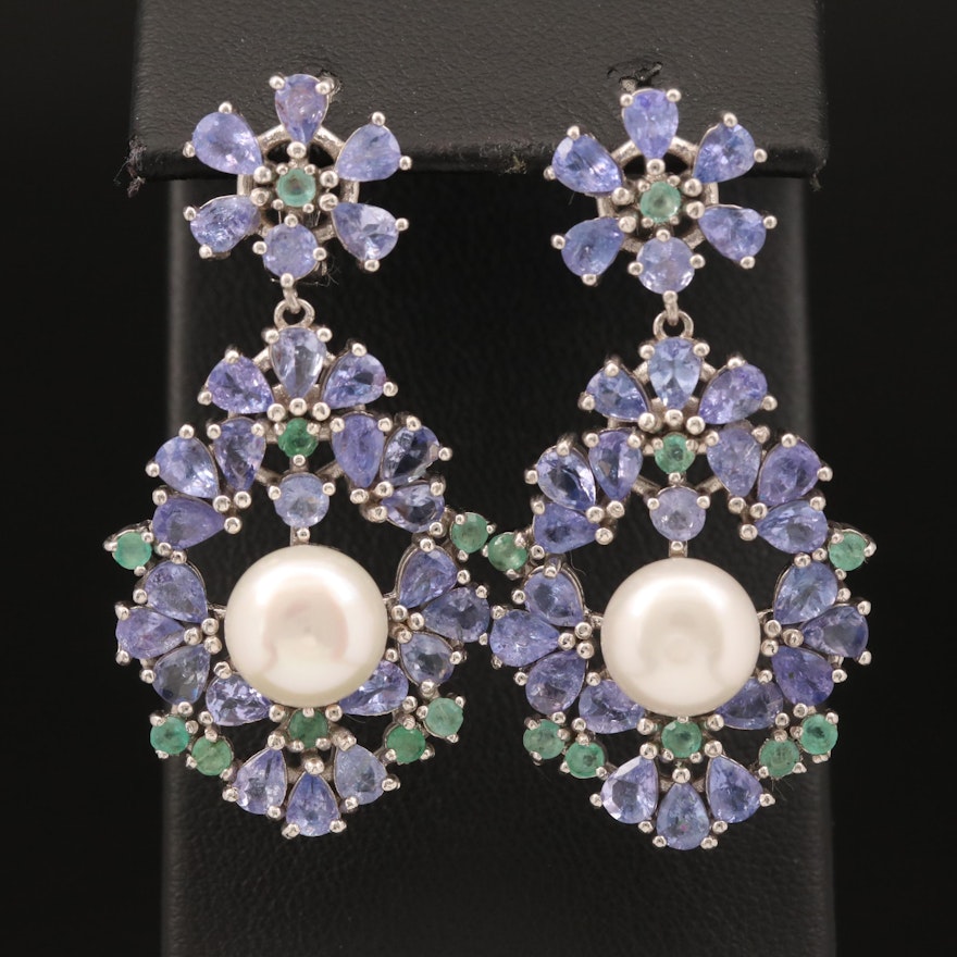 Sterling Pearl, Tanzanite and Emerald Earrings