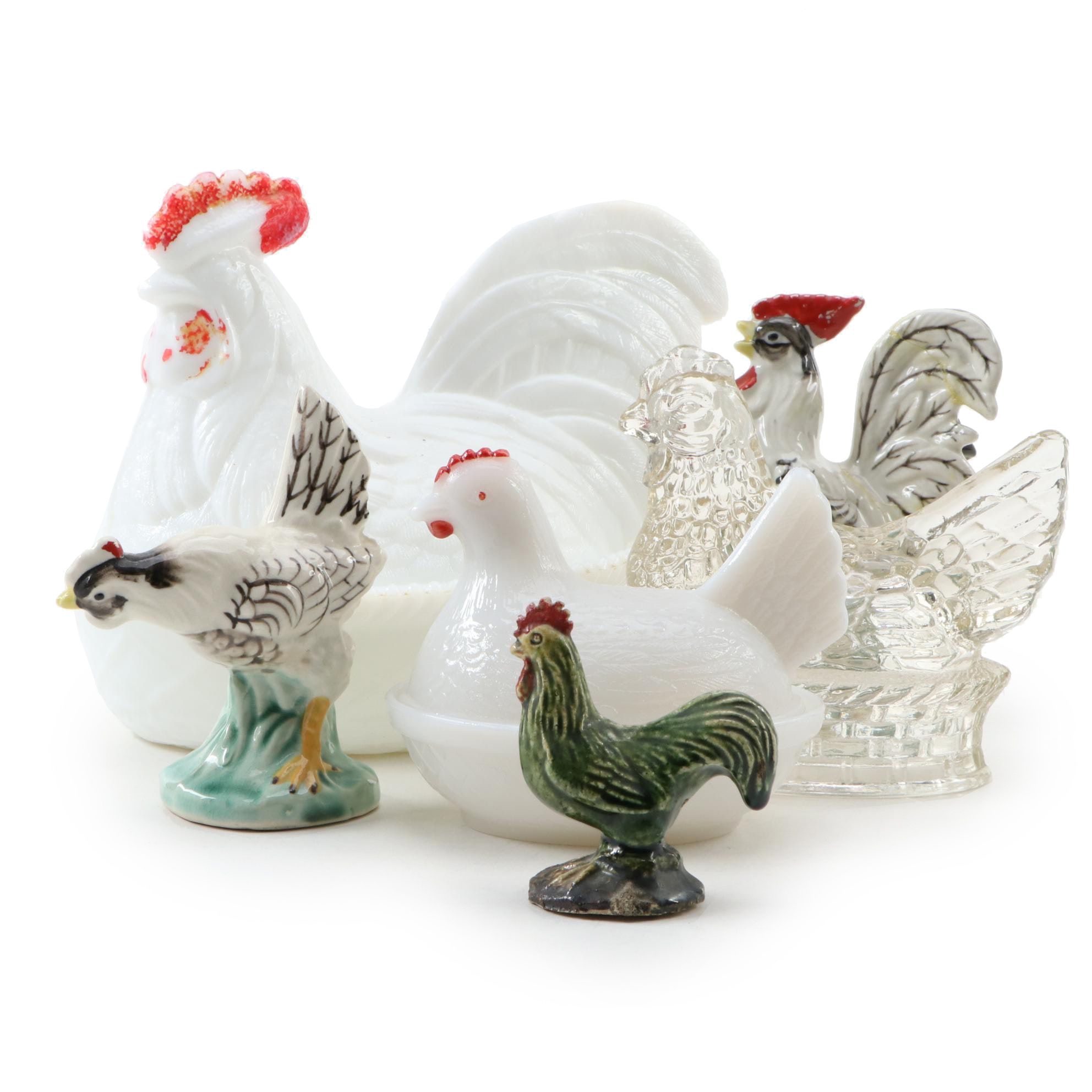Kemple "Hen on Basket" Milk Glass Dish and Other Figurines