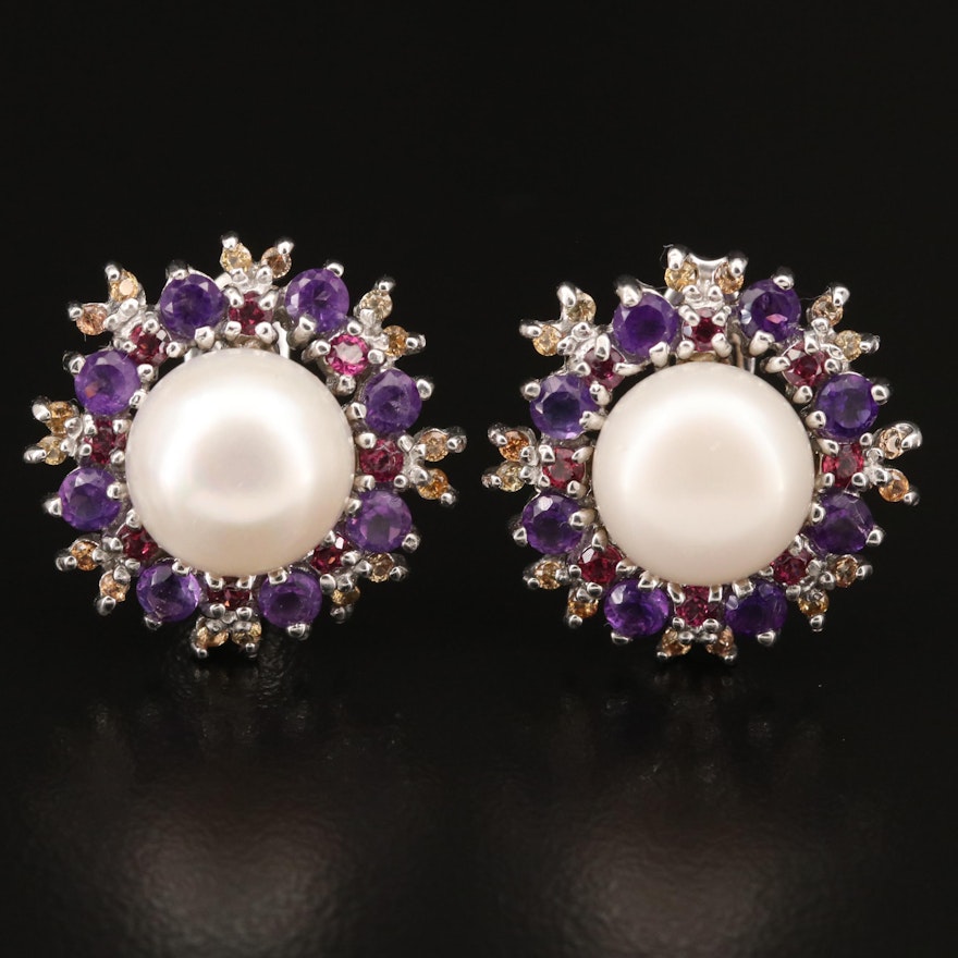 Sterling Silver Pearl, Garnet and Amethyst Earrings