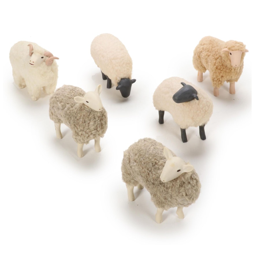 Folk Art Ceramic and Wool Sheep Figurines, Late 20th to 21st Century