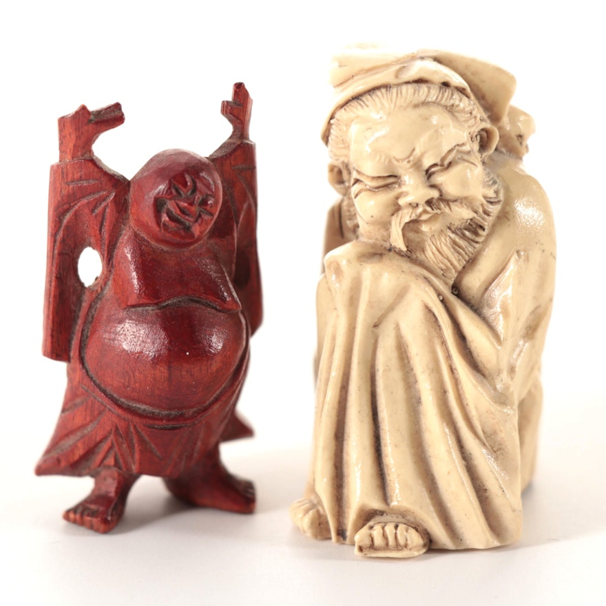 Chinese Carved Celluloid Monk and Wood Buddha Figurines