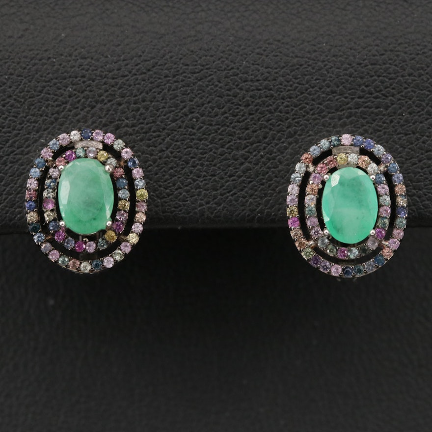 Sterling Emerald and Sapphire Double Halo Earrings