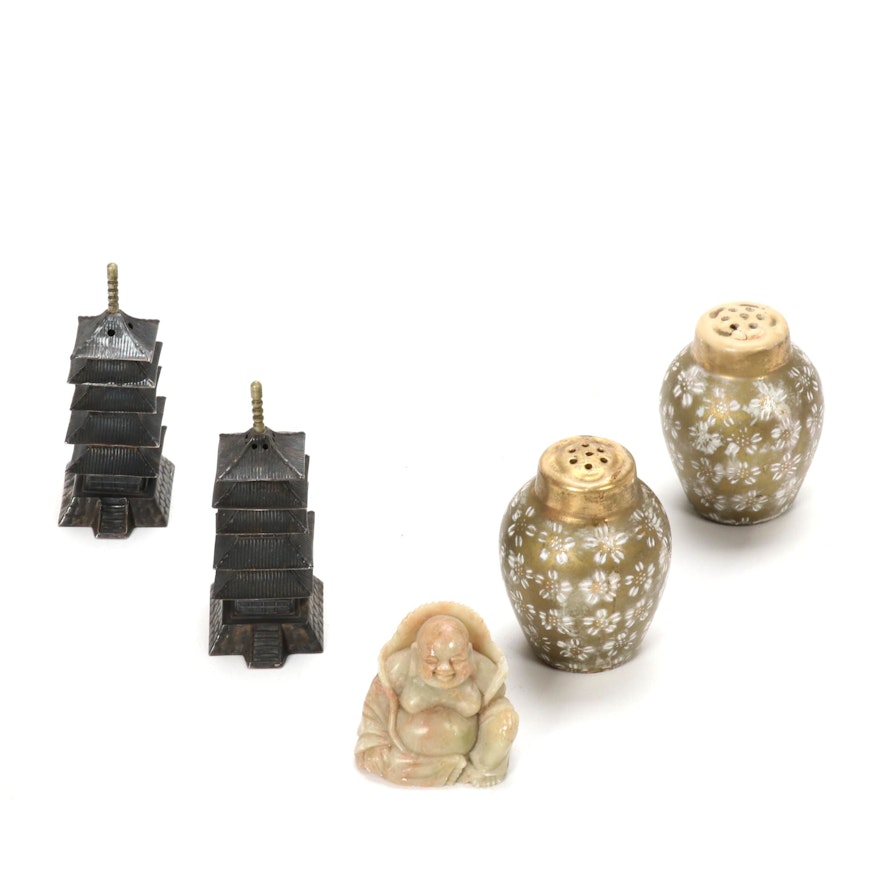 Asian Artisan Salt and Pepper Shakers with a Carved Agate Buddah Figurine